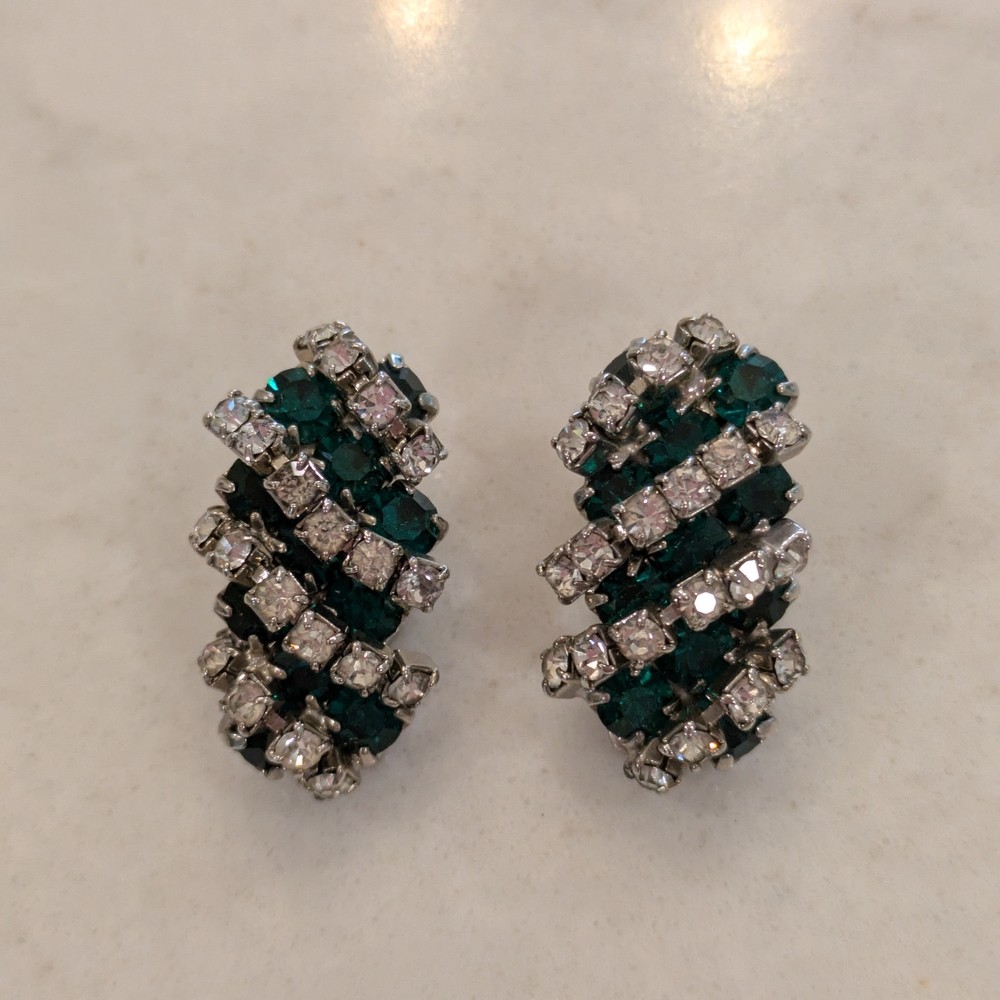 Vintage Sparkling Silver and Green Gemstone Clip On Earrings